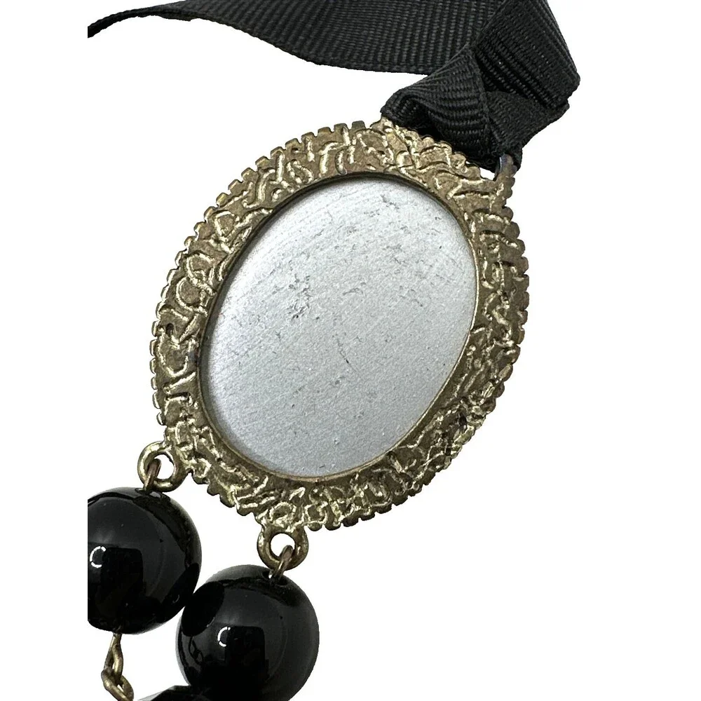 1928 Brand Black Gold Bead Necklace Faceted Floral Cabochon Ribbon Statement 24